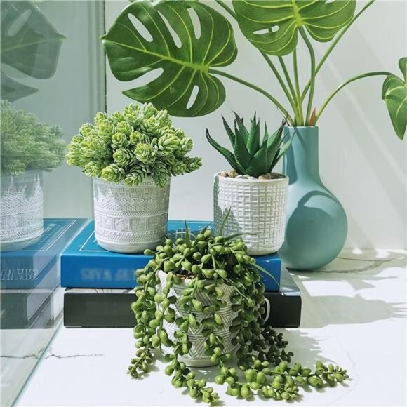 Set of 3 small artificial succulent potted plants faux greenery home office deco - Picture 2 of 8